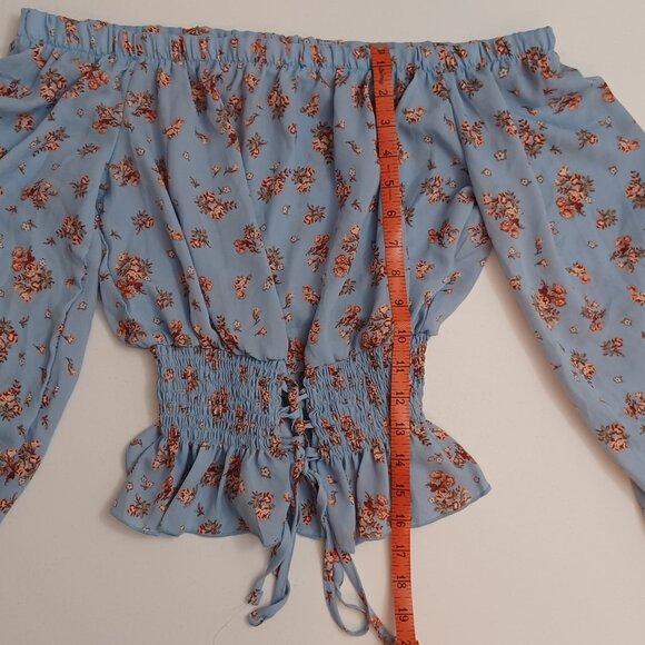 Women's No Comment Blue Floral Daisy Duke Southern Country Off Shoulder Sz Large - Picture 3 of 12